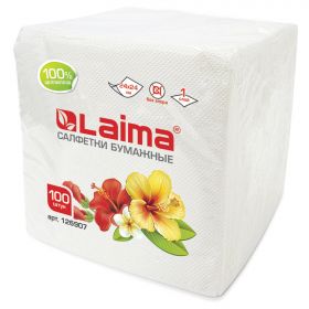 Салфетки бумажные 100 штук, 24×24 см, LAIMA, белые, 100% целлюлоза, 126907