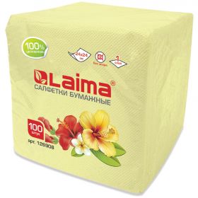 Салфетки бумажные 100 штук, 24×24 см, LAIMA, жёлтые (пастельный цвет), 100% целлюлоза, 126908