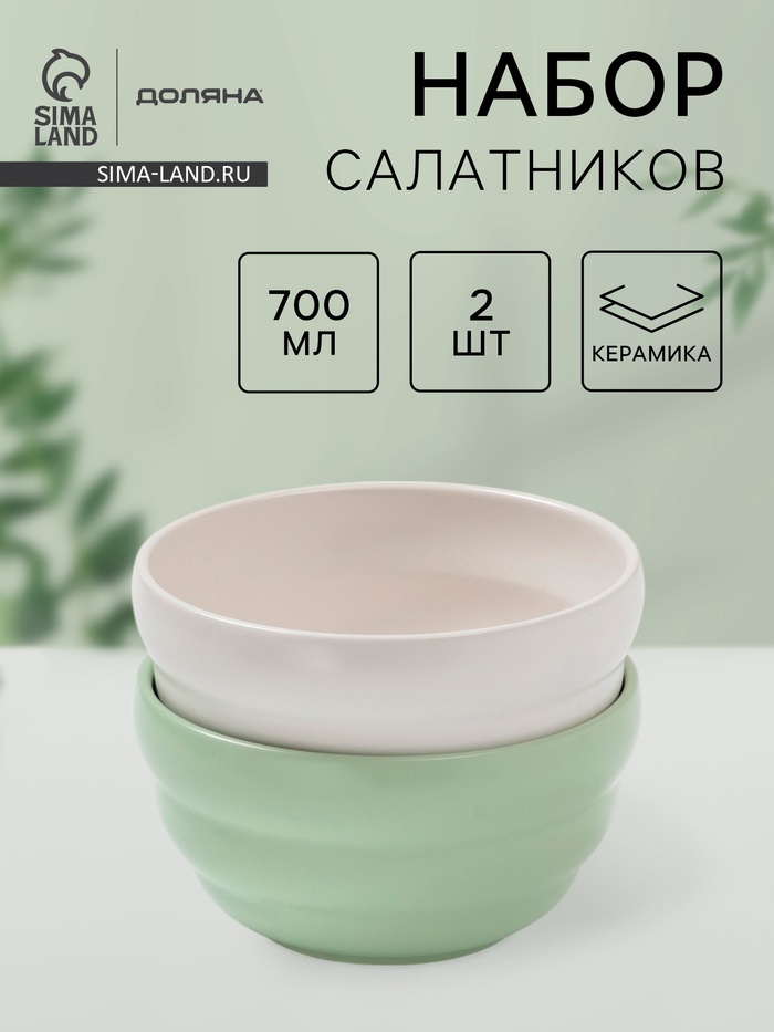 Салатники Доляна «Зефир», 700 мл, d=15,5 см, набор 2 шт, керамика, белые, зелёные