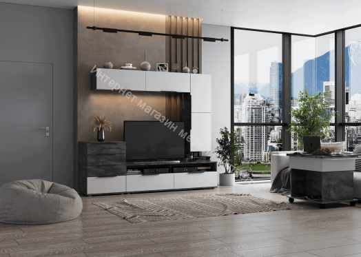 Шкаф настенный 1600  "Моника" Белый Лофт/Айрон Рок