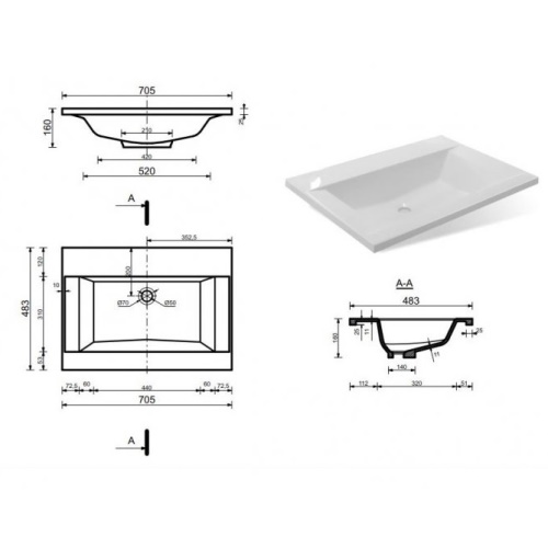 Тумба с раковиной Эстет Рава 70 см  700-1070x505 мм Рава 70 2 ящ бр ФОТО