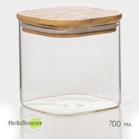 Банка стеклянная для хранения сыпучих продуктов BellaTenero «Эко. Квадратная», 700 мл, 10?10,5 см, с бамбуковой крышкой