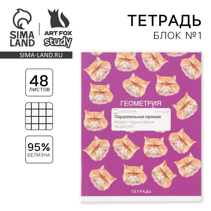 Тетрадь предметная 48 листов, А5, УВЕДОМЛЕНИЯ, со справ. мат. «1 сентября: Геометрия», обложка мелованный картон 230 гр внутренний блок в клетку  белизна 96%