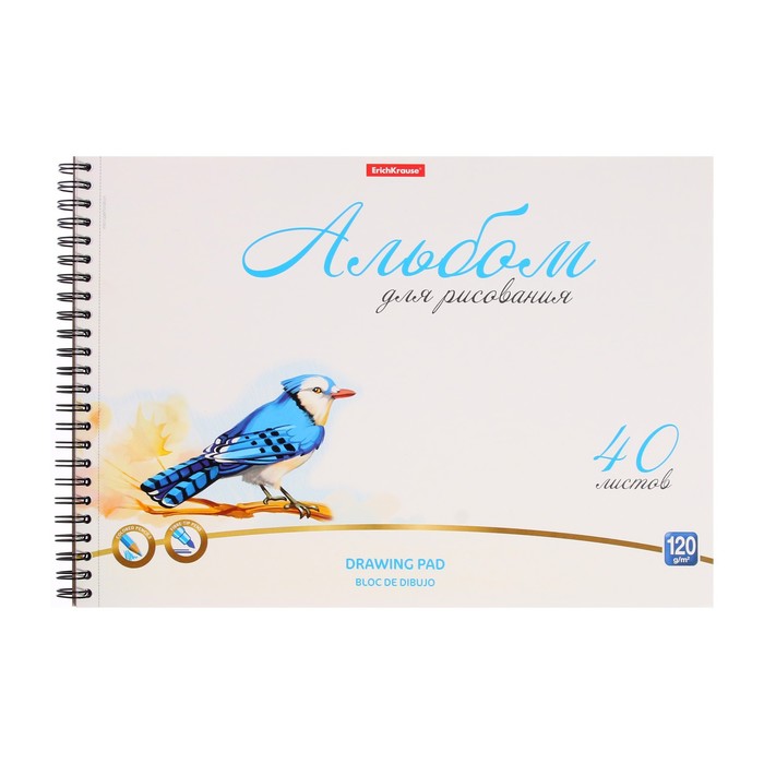 Альбом для рисования А4, 40 листов на спирали, Erich Krause Birds, блок 120 г/м?, 100% белизна, перфорация для отрыва, твёрдая подложка