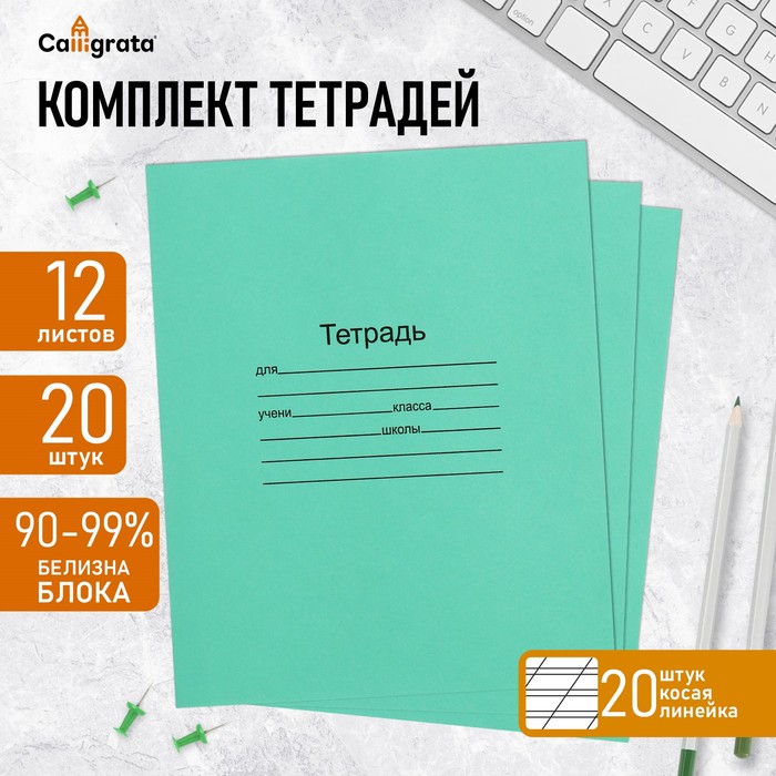 Комплект тетрадей из 20 штук, 12 листов в косую линию Маяк "Зелёная обложка", 60 г/м2, блок офсет, белизна 90-99%