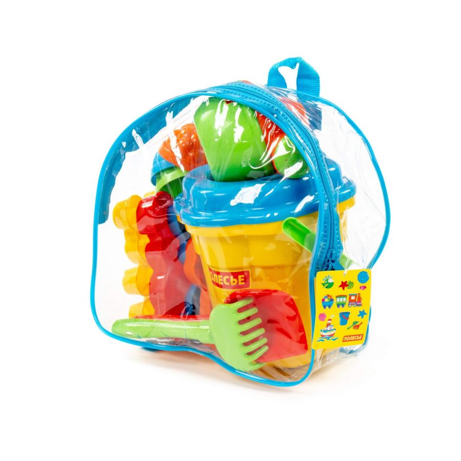 Набор №168 (в рюкзаке): ведро-цветок большое, ситечко-цветок большое, лопатка №5, грабельки №5, формочки 7 шт, лейка малая №4