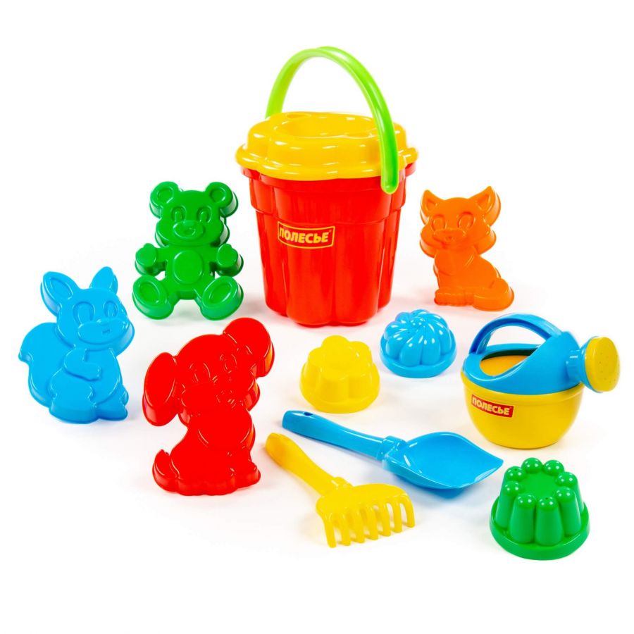Набор №168 (в рюкзаке): ведро-цветок большое, ситечко-цветок большое, лопатка №5, грабельки №5, формочки 7 шт, лейка малая №4