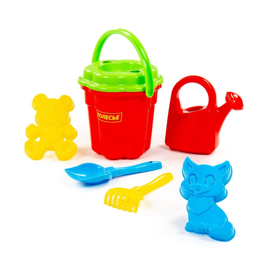 Набор №97: ведро-цветок большое, ситечко-цветок большое, лопатка №5, грабельки №5, формочки (котёнок + медведь), лейка большая