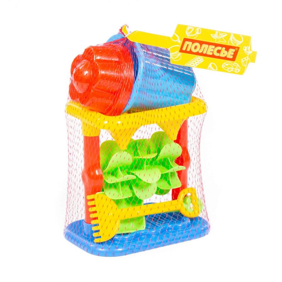 Набор №347: песочная мельница №2 с основанием, ведро-цветок малое, лопатка малая №3, грабельки малые №3, 1 формочка