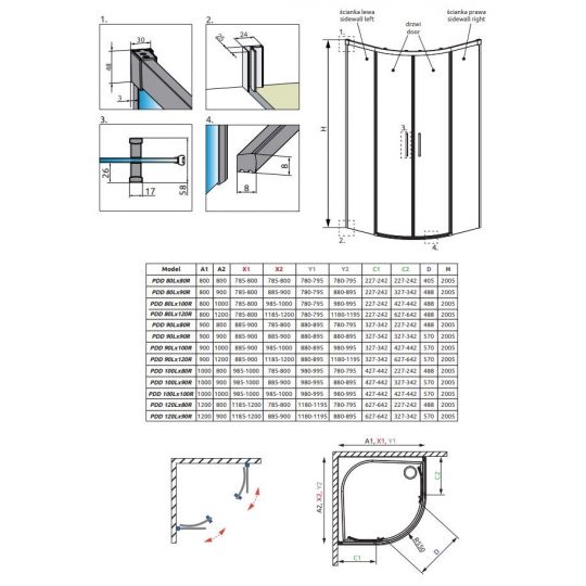 Полукруглый душевой уголок Radaway Idea PDD двухдверный 90х80 см схема 2