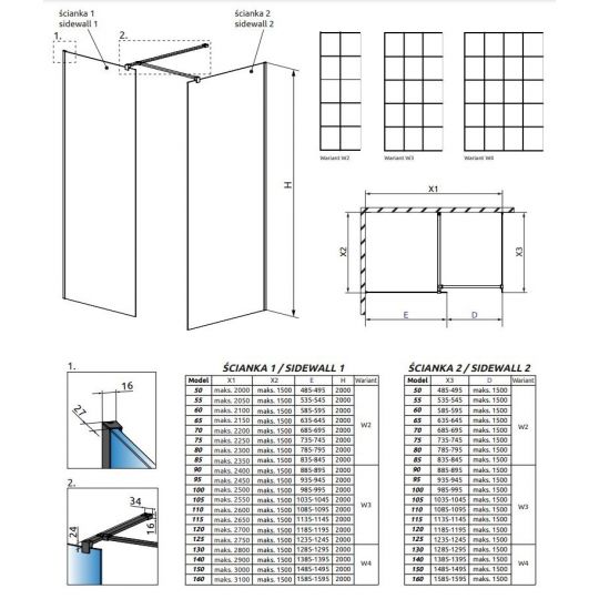 Решетчатая стеклянная душевая перегородка Walk-in Radaway Modo X Black III Factory 90х70 см схема 2