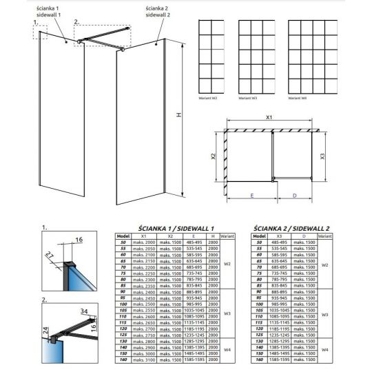 Решетчатая стеклянная душевая перегородка Walk-in Radaway Modo X Black III Factory 100х75 см схема 2