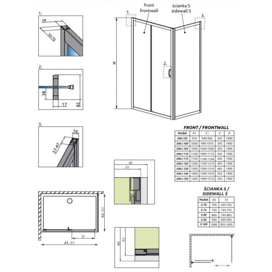 Стеклянное душевое ограждение Radaway Premium Plus DWJ+S 100х75 см схема 2