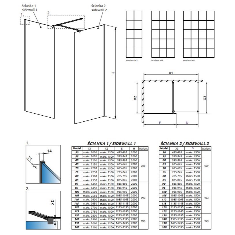 Стеклянная душевая перегородка Walk-in Radaway Modo New Black III Factory решетчатое 65х60 см схема 2