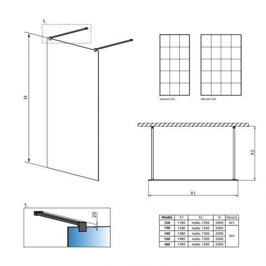 Душевая перегородка Walk-in Radaway Modo New Black I Factory с черной решеткой 160х200 см схема 2