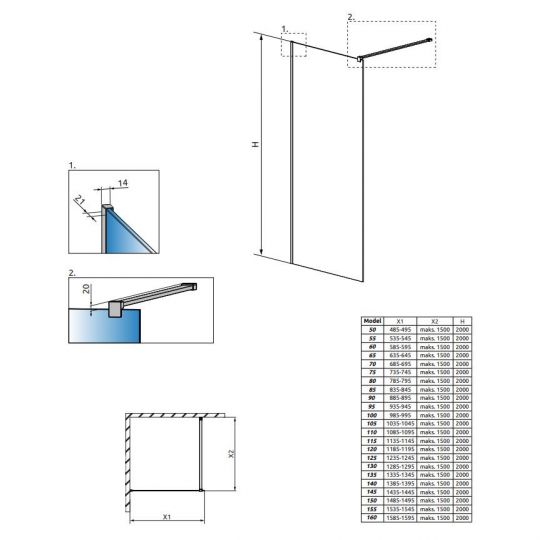 Душевая перегородка в черной раме Walk-in Radaway Modo New Black II Frame с черным профилем 130 х 200 см схема 2