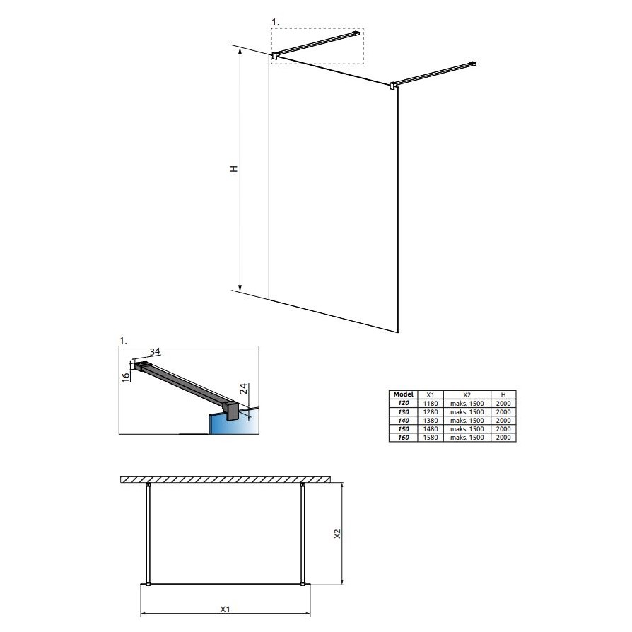 Душевая перегородка Walk-in Radaway Modo X Black I Frame с черным профилем 120х200 см ФОТО