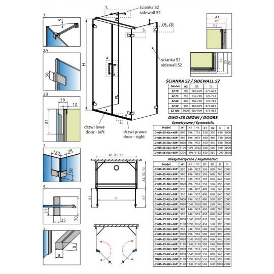 Пристенный душевой уголок Radaway Arta DWD+2S двухдверный 100х90 см схема 2